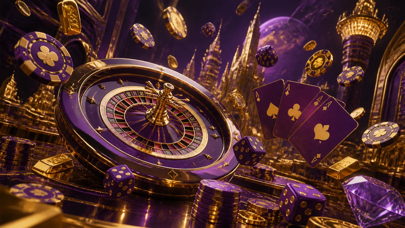 A luxurious casino-themed hero banner for Gtspins, showcasing floating poker chips, playing cards, and sleek roulette wheel, 