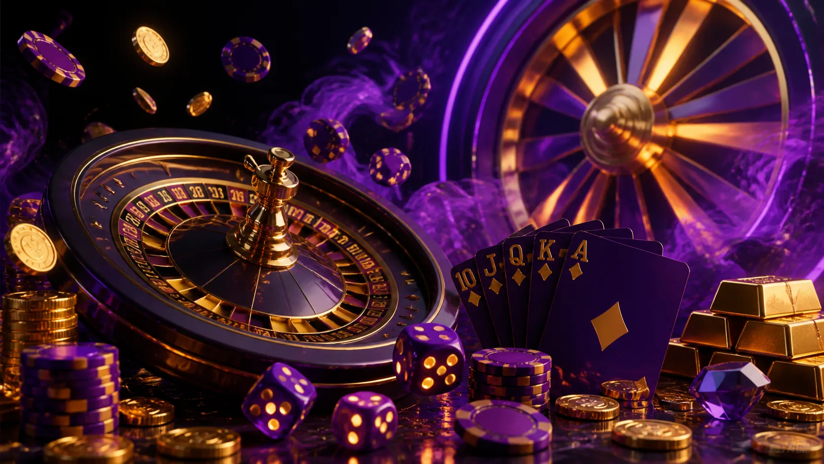 Luxurious hero banner for Gtspins featuring floating poker chips, glowing dice, and roulette wheel in a glossy 3D isometric s